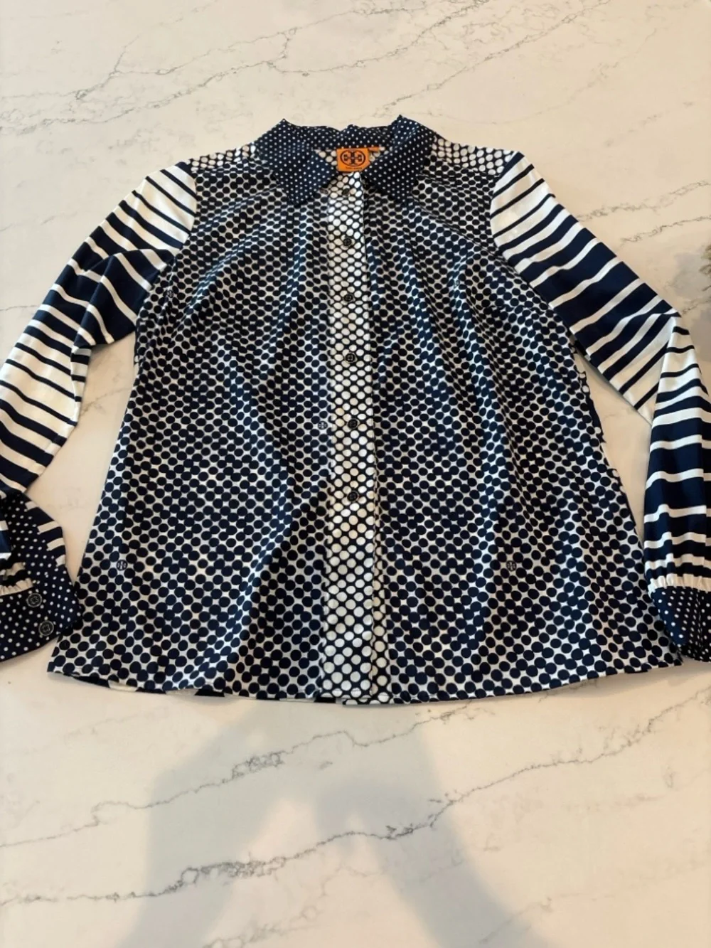 Tory Burch Navy and White Polka Dot Button-Up Blouse